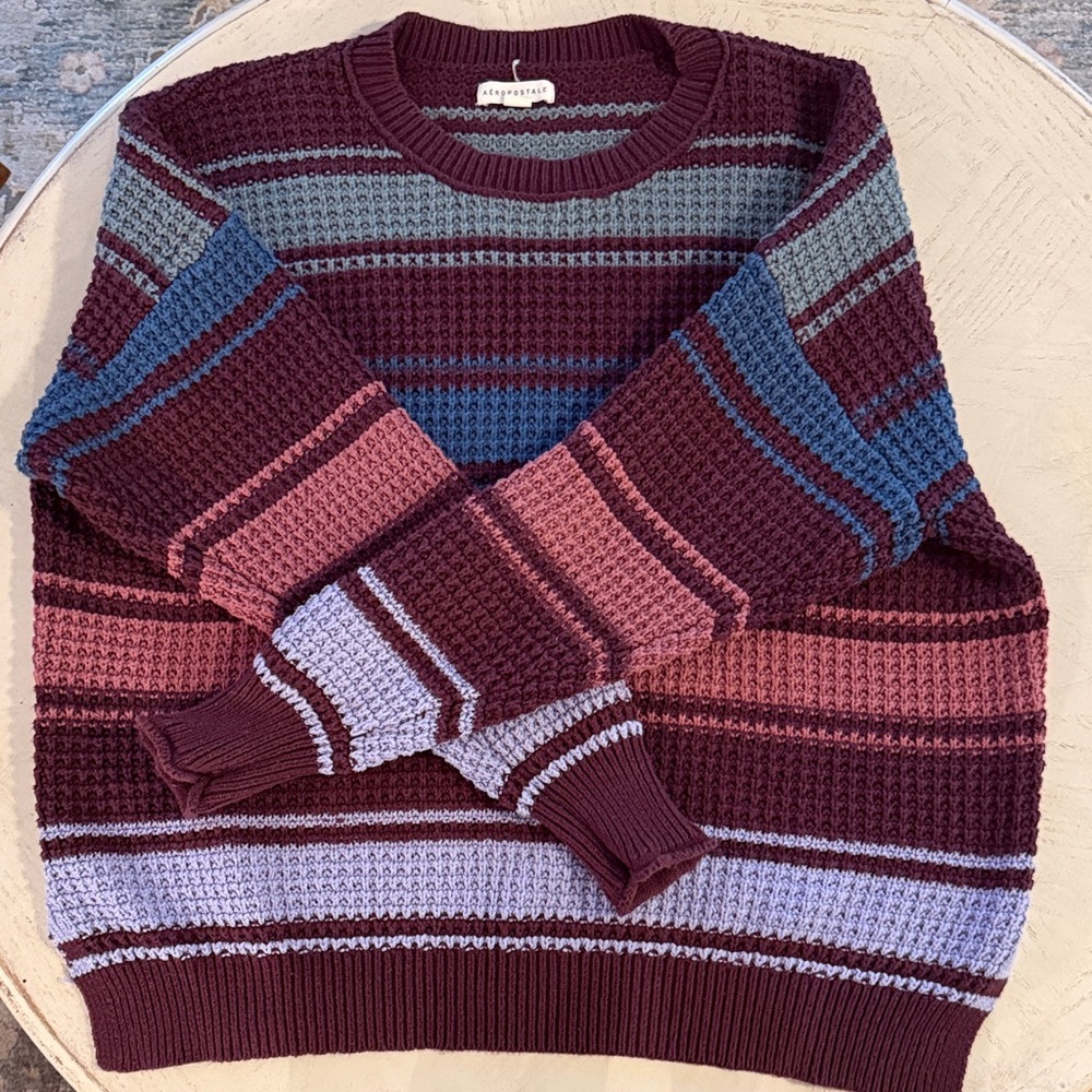 Womens Aeropostale Oversized Chunky Striped Waffle Knit Fisherman Sweater Sz L